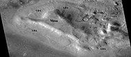 lobate debris aprons (LDAs) around a mesa, as seen by CTX Mesa and LDAs are labeled so one can see their relationship. Radar studies have determined that LDAs contain ice; therefore these can be important for future colonists of Mars. Location is Ismenius Lacus quadrangle.