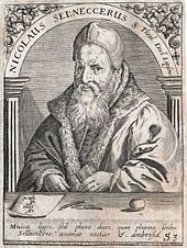 black-and-white portrait of a man with a cap and a long beard, framed on top by an arch inscribed with "Nicolaus Selneccerus"