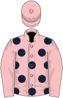 Pink, dark blue spots, pink sleeves, pink cap