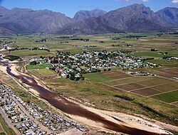 Aerial view of Rawsonville and the Smalblaar River, looking towards Du Toitskloof Pass to the west