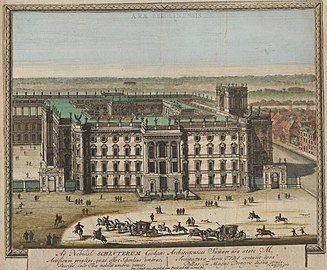 The newly built residence (replacement palace) in 1702 (as depicted by Schenk). Note the missing dome, added only in 1845.