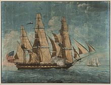 A painting depicting Constitution at sail. The bow of the ship points to the right of the frame