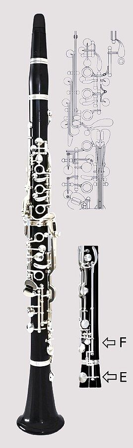 Oehler clarinet with a cover on the middle tone hole of the lower joint, dev. 1905 by Oscar Oehler, and with bell mechanism added later to improve deep E and F