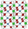 Crystal structure of M' phase of LuTaO4 (or YTaO4). Colors are red (oxygen), green (Lu or Y), blue (Ta).