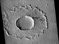 Rampart crater of the single-layered ejecta type, as seen by CTX Arrows indicate the outer edge, called the rampart.