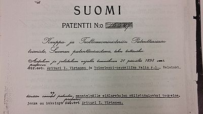 Part of the patent letter given to A. I. Virtanen and his employer for the AIV silage method in 1931