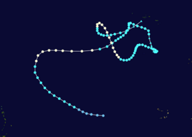 Storm path of Hurricane Nadine. It starts east of Cape Verde and then makes a parabolic track, before meandering and heading in erratic directions. The storm threatened the Azores twice before dissipating near the islands.