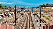 Looking down at the platforms and tracks from the north side