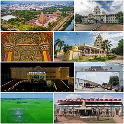 A montage image showing temple complex with temple tower in the centre, Maratha palace, paddy field, Rajarajachola Mandapam and Tamil University. Even though Thanjavur is 11th largest city in actual case Thanjavur is the seventhest biggest city in Tamil Nadu.The city's real size is hidden due to non extension of corporation limit