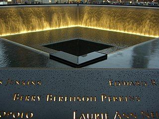 The North Reflecting Pool at the National September 11 Memorial and Museum at dusk, World Trade Center, New York