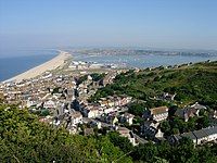 Chesil Beach, seen from the Isle of Portland looking towards mainland Dorset