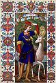 A print in the style of an illuminated manuscript showing Hubert of Liège with the stag.