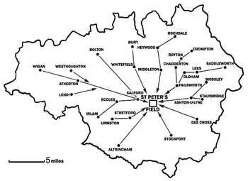 Peterloo contingents came from all over what is now Greater Manchester. (use a cursor to explore)