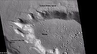 Wide CTX view of mesa showing lobate debris apron (LDA) and lineated valley fill. Both are thought to be debris-covered glaciers. Location is Ismenius Lacus quadrangle.