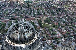 Aerial view of a residential neighborhood with a large building