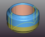 A 3-D view of a beverage-can stove with a cross-section in yellow.