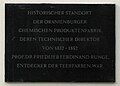 Commemorative plaque in Oranienburg. It reads: Historical site of the Oranienburg chemical product factory, whose technical director from 1832 to 1852 was Prof. Dr. Friedlieb Ferdinand Runge, discoverer of coal tar dyes.