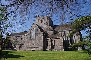 Brecon Cathedral, viewed from inside the grounds to the south.