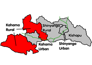 Kahama Rural's location within Shinyanga Region. Trunk roads in green.