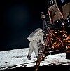 Buzz Aldrin exiting the lunar lander and stepping onto the moon. The photo was taken by Neil Armstrong, who had just exited the same lander.