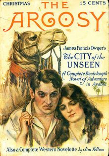 cover artwork for Argosy showing the upper portions of a man, a woman, and a camel. A desert landscape can be seen over the woman's shoulder. Cover copy advertises Dwyer's story.