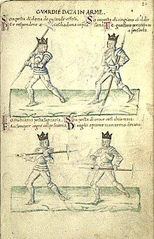 Illustration of two men in armor fighting with poleaxes and taunting one another (in french).