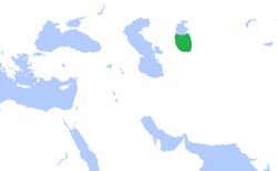 Map showing the territory ruled by the Afrighid dynasty (highlighted in green), abutting the southern shore of the (former) Aral Sea