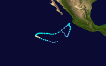 A map of the erratic path of a hurricane over the Eastern Pacific Ocean. First it moves to the west-northwest, then to the east before turning northeastward, and finally a sharp turn to the south.