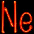 Illuminated orange gas discharge tubes shaped as letters N and e