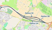 A picture showing a map of different routings of Option 5, which was a single carriageway road between Switch Island the A565 Southport Road