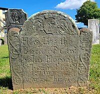 Early Bolton schist marker, note the lack of mouth and wings. Olde Mainstreet Burial Ground, Colchester, CT.