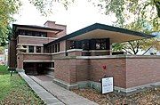 The Robie House, a National Historic Landmark designed by architect Frank Lloyd Wright in 1908.