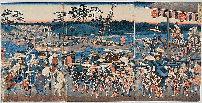 A boarding place for a ferry on the Miya River, which is crowded with people visiting Ise Grand Shrine. By Hiroshige