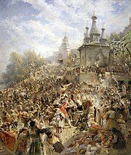 Konstantin Makovsky's Appeal of Minin (1896) depicts Kuzma Minin against the background of the church of St. John the Baptist appealing to the people of Nizhny Novgorod to raise a militia against the Polish invaders and Sigismund III Vasa.