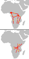 Image 6 1 = 2000–1500 BC origin 2 = c. 1500 BC first dispersal      2.a = Eastern Bantu      2.b = Western Bantu 3 = 1000–500 BC Urewe nucleus of Eastern Bantu 4–7 = southward advance 9 = 500–1 BC Congo nucleus 10 = AD 1–1000 last phase (from History of Africa)