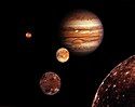 A montage of Jupiter and its four largest moons