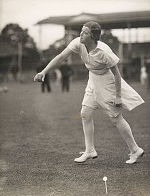 Black and white photo of Myrtle Maclagan bowling