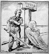 Cartoon of Einstein, who has shed his "Pacifism" wings, standing next to a pillar labeled "World Peace". He is rolling up his sleeves and holding a sword labeled "Preparedness".