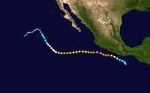 A map of the path of a hurricane over the Eastern Pacific Ocean. It begins by moving west-northwestward closely parallel the coast of Mexico; it then shifts westward out to sea, before turning to the northwest later in its life.