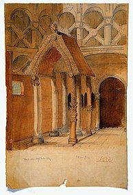 Aquarel from Hopeprstad stave church by Peter Andrias Blix, painted in 1882