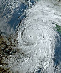 A photograph of Hurricane Hilary off the western shores of Mexico as a Category 4 hurricane on August 18, 2023.