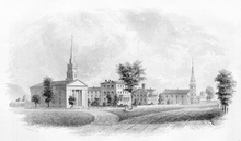 A black-and-white illustration of an unpaved road leading to a school, with apparent Georgian-style architecture