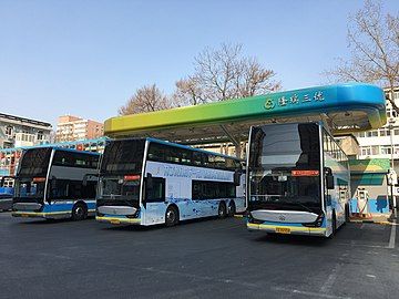 Electric buses charging in Beijing, China. For new cars, China will only allow sale of new energy vehicles, such as electric vehicles begging in 2035.[3] (Image 14)