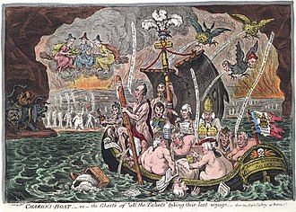 A group of naked British Whig politicians, including three Grenvilles, Sheridan, St. Vincent, Moira, Temple, Erskine, Howick, Petty, Whitbread, Sheridan, Windham, and Tomline, Bishop of Lincoln, crossing the river Styx in a boat named the Broad Bottom Packet. Sidmouth's head emerges from the water next to the boat. The boat's torn sail has inscription "Catholic Emancipation" and the centre mast is crowned with the Prince of Wales feathers and motto "Ich Dien". On the far side the shades of Cromwell, Charles Fox and Robespierre wave to them. Overhead, on brooms, are the Three Fates; to the left a three-headed dog. Above the boat three birds soil the boat and politicians.