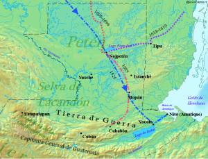 Northern Guatemala is a flat lowland plain dropping off from the Cuchumatanes mountain range sweeping across in an arc to the south. To the east of the mountains is the large lowland Lake Izabal, with an outlet into the Amatique Bay to the east, which itself opens onto the Gulf of Honduras. Immediately north of the mountains is the Lacandon forest, with Petén to the northeast. Ystapalapán was a settlement in the western Cuchumatanes. Cobán was in the foothills half way between Ystapalapán in the west and Lake Izabal in the east. Xocolo was at the northeastern extreme of Lake Izabal, where it flows out towards the sea. Nito, also known as Amatique, was on the coast where the river flowing out of the lake opened into the Amatique Bay. Lake Petén Itzá was in the centre of Petén, to the north. It was the location of Nojpetén. Tipu was situated to the east of Nojpetén, just to the east of the modern border with Belize. The "Tierra de Guerra" ("Land of War") covers a broad northern swathe of the mountains and the southern portion of the lowlands. The 1525 entry route crossed from the north, to the northwest of Lake Petén Itzá, passing the western tip of Nojpetén and close to the city. It then continued southeast to Xocolo, where it turned northeast to Nito, where it ended on the Caribbean coast. The 1618–1619 route entered from northeastern Belize and crossed southwest to Tipu, then headed westward to Nojpetén. A 1695 route left Cahabón and headed northeast before turning north to Mopán. From Mopán it curved northwest to Nojpetén. The 1695–1696 route entered from the north extreme and meandered southwards to Nojpetén.