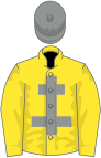 Yellow, grey cross of lorraine, yellow sleeves, grey cap