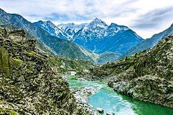 Indus River between Dasu and Komila, with Karakoram Highway in the middle