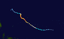 A track map showing the path of a typhoon over the western Pacific Ocean; it moves westward for a short time before curving into an erratic, but overall northwestward, motion