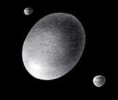 Haumea with its moons, Hiʻiaka and Namaka (artist's conception)