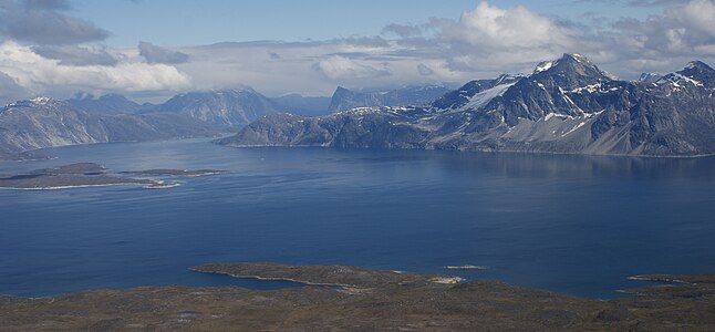 Aerial view of the fjord and Sermitsiaq mountain